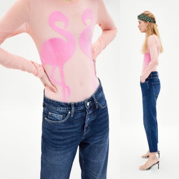 Zara Flamingo Bird Sheer Mesh Bodysuit Velvet Velo - Picture 6 of 8